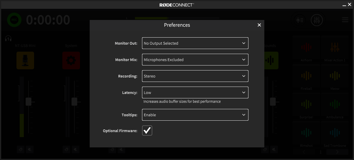 RØDE Connect preference settings